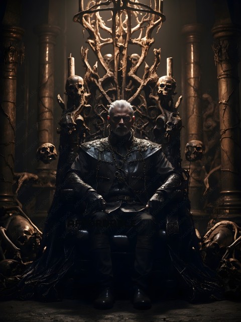 A man in a black suit sits on a throne surrounded by skulls
