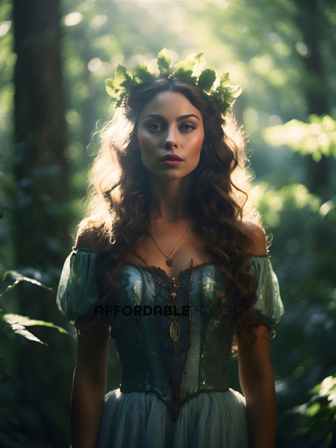 A woman with long hair and a flower crown standing in the woods
