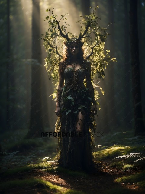 A woman in a forest with a deer head dress