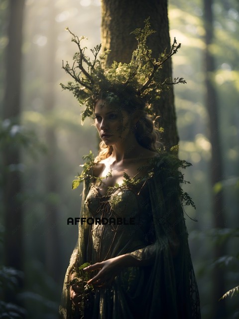 Woman in a forest with a crown of leaves on her head
