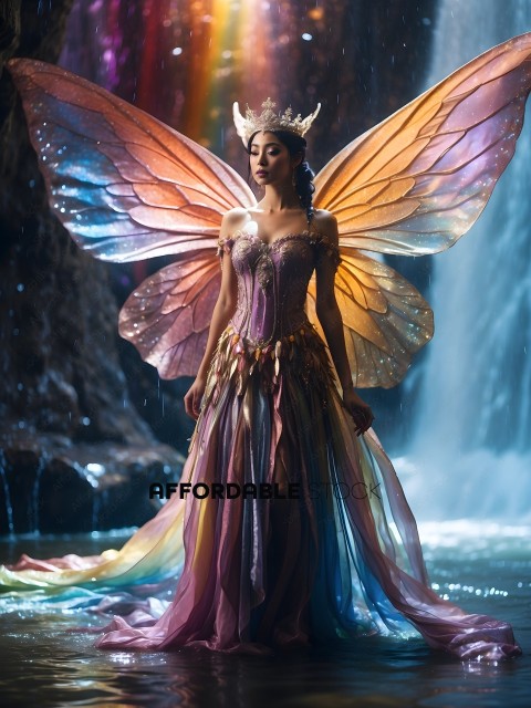 A woman in a colorful dress stands in front of a waterfall