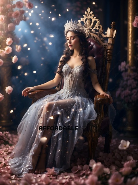 A woman in a dress and tiara sitting in a chair surrounded by rose petals