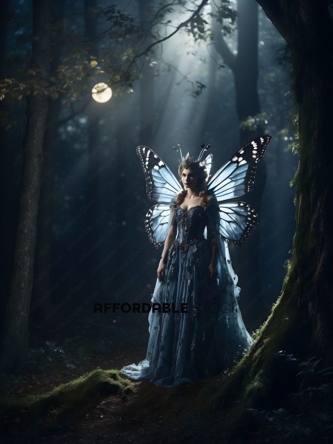 A woman in a blue dress and butterfly wings stands in a forest