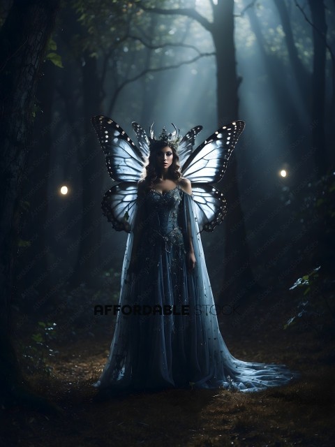 A woman in a blue dress with butterfly wings