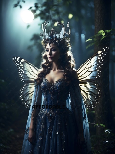 A woman wearing a blue dress with butterfly wings