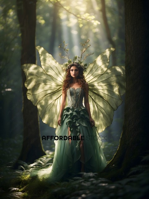 A woman wearing a green dress with wings stands in the woods