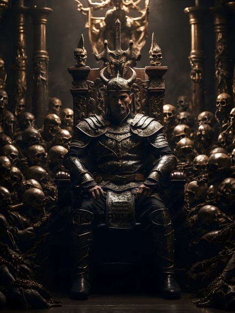 A man in a suit of armor sits on a throne surrounded by skeletons