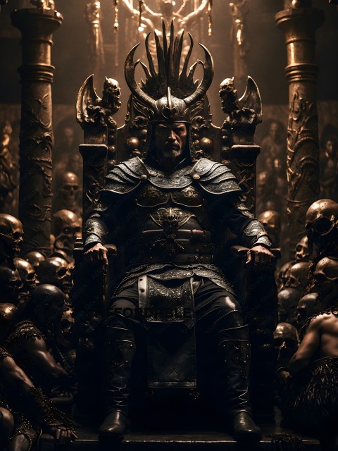 A man in a metal suit sits on a throne surrounded by skulls