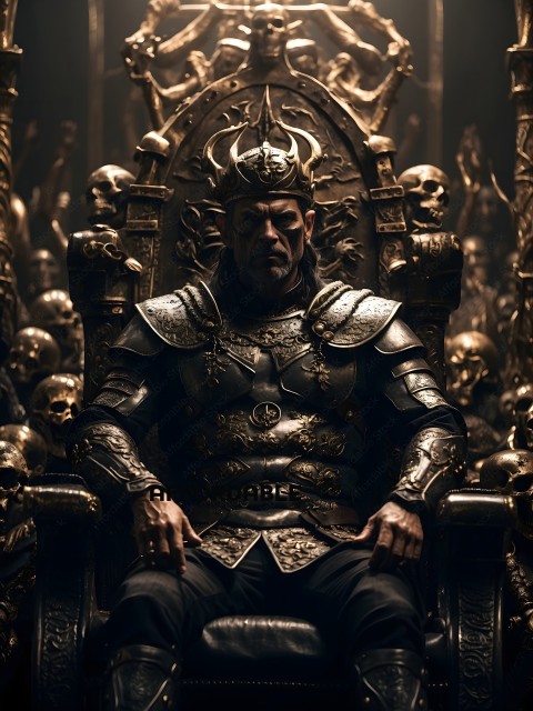 A man in a metal suit sits on a throne surrounded by golden skulls