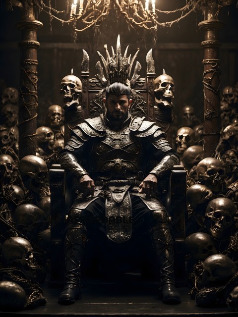 A man in a metal suit sits on a throne surrounded by skulls