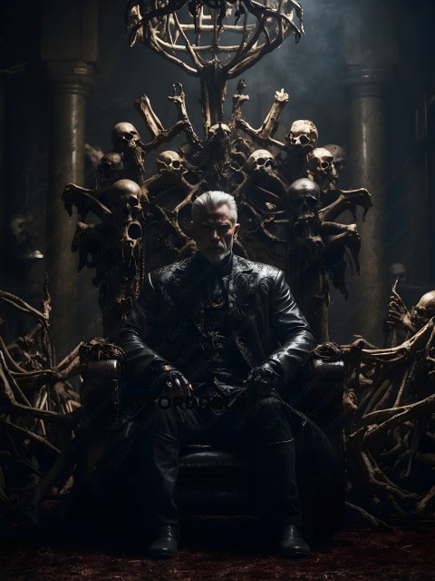 A man in a black leather outfit sits on a throne surrounded by skeleton heads