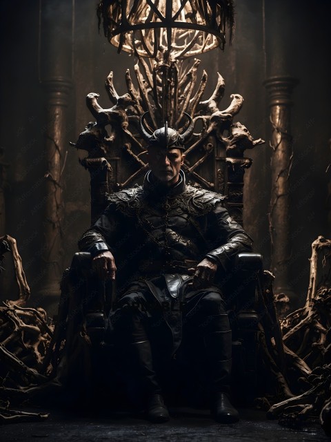 A man in a black costume sits on a throne surrounded by bones