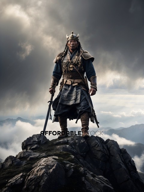 A man in a costume stands on a mountain top