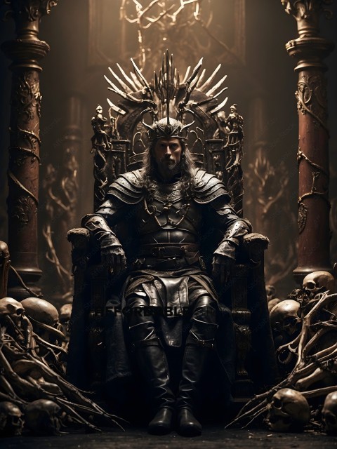 A man in a metal suit sits on a throne surrounded by skeletons