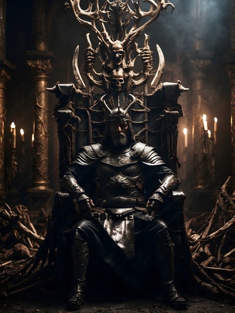A man in a suit of armor sits on a throne