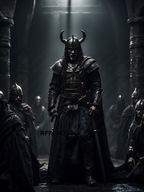 A man in a metal helmet and chain mail stands in front of a group of men