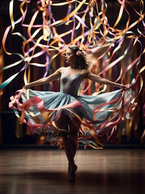 A woman in a blue dress dances with ribbons