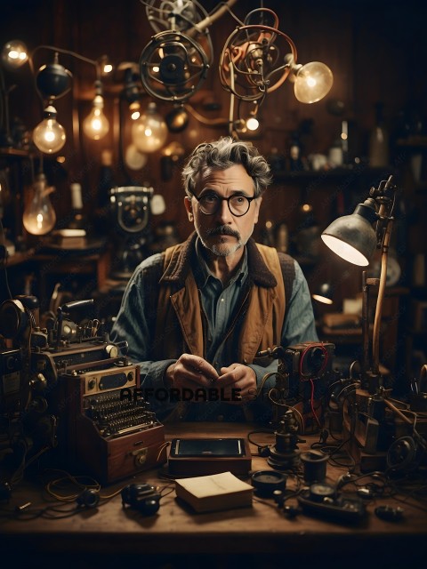 A man in a workshop with many machines and tools