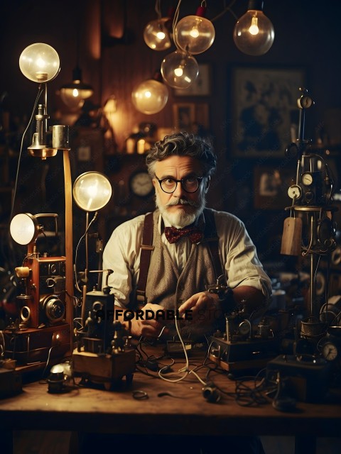 A man with a beard and glasses working on a contraption