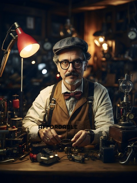 A man wearing a bow tie and suspenders in a workshop