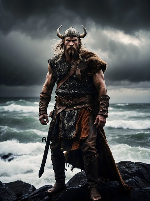 Viking Warrior Standing on Rocky Shore