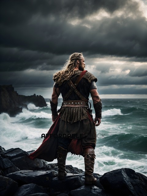 Man in costume standing on rocks overlooking ocean
