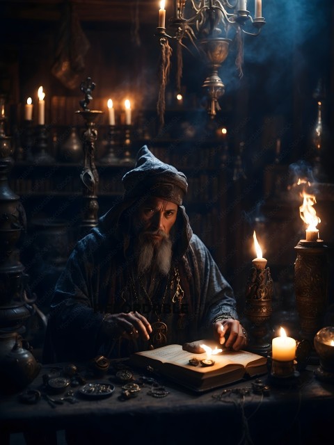 A wizard reading a book by candlelight