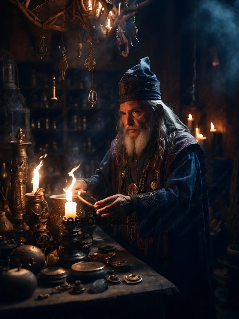 An old man with a long white beard and a blue robe is looking at a candle