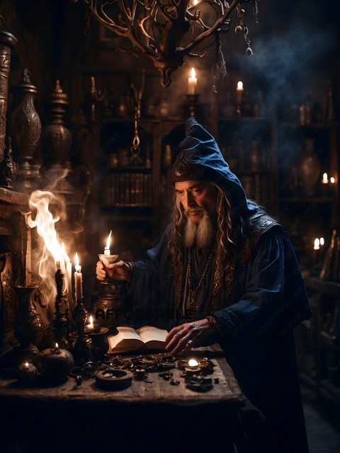A wizard in a blue robe reading a book