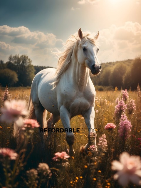 A white horse with a long mane and tail walking through a field of flowers