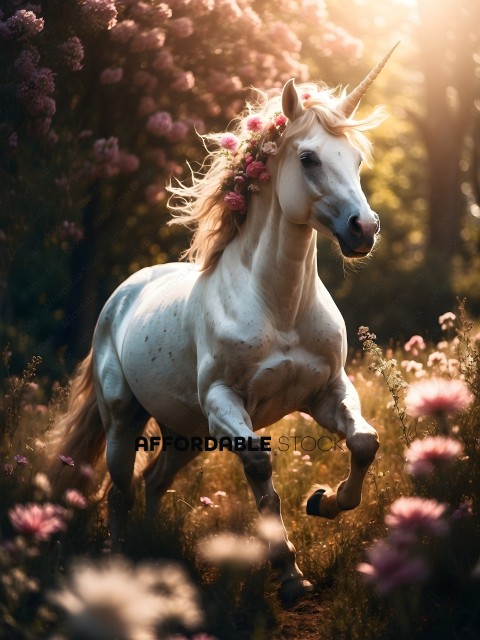A white horse with a flower in its mane and tail running through a field of flowers