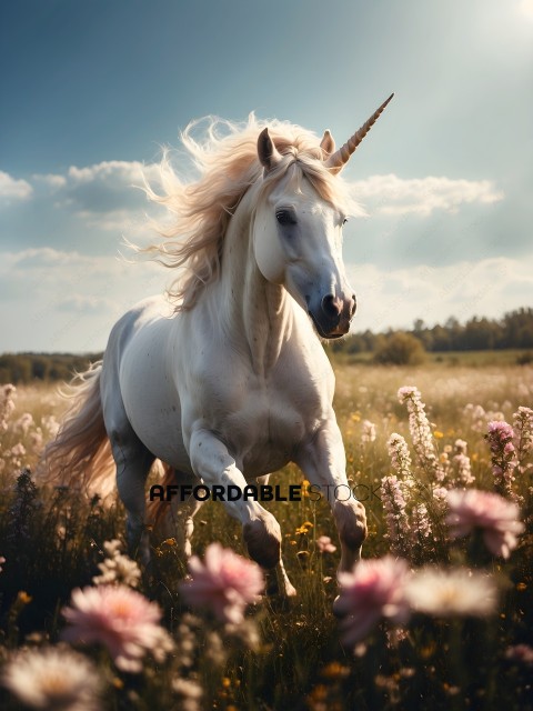 A white horse with a long mane and tail running through a field of flowers
