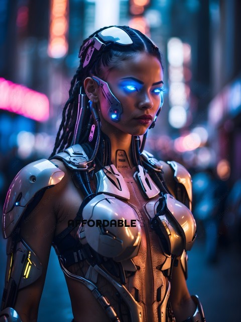 A futuristic woman with blue eyes and a silver body