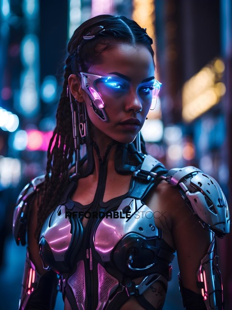 A woman wearing a futuristic outfit with glowing blue eyes