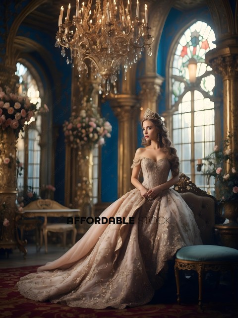 A woman in a pink dress sits in a room with gold decor