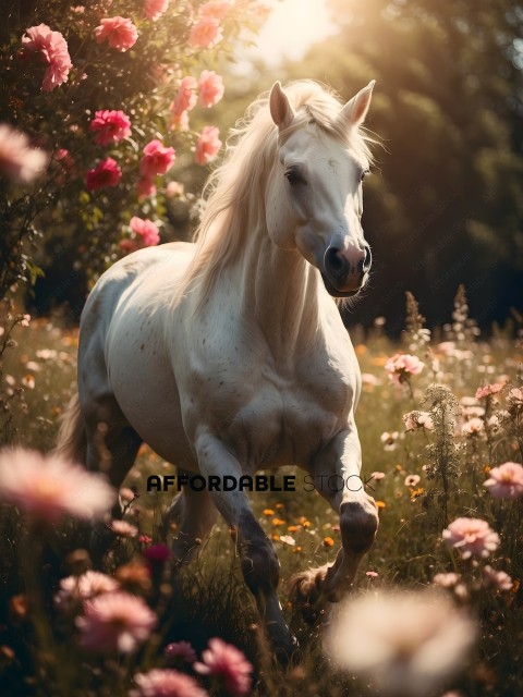 White Horse Running Through a Field of Flowers