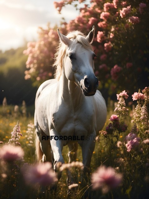 White Horse in Pink Flowers