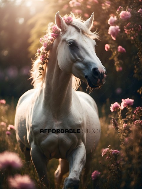 White Horse with Pink Flowers in its Mane