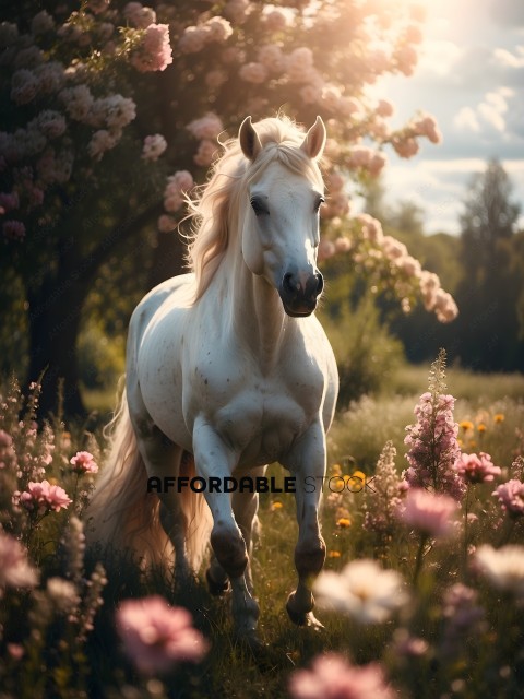 White Horse in a Field of Flowers
