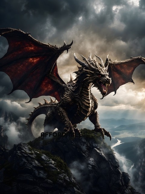 A dragon with wings spread wide, standing on a rocky cliff overlooking a valley
