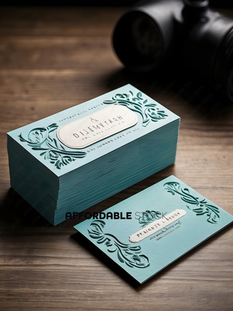 A stack of business cards with a blue and green color scheme