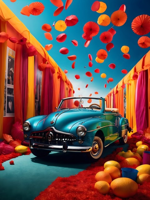 A blue classic car with red and yellow decorations