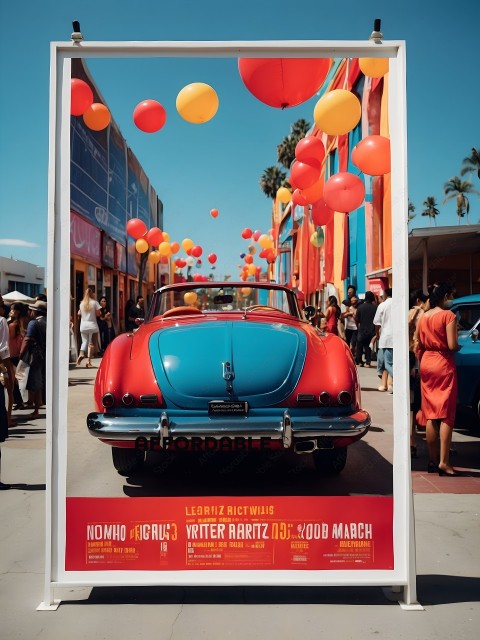 A poster for a movie called Nomadland with a red and blue car on it