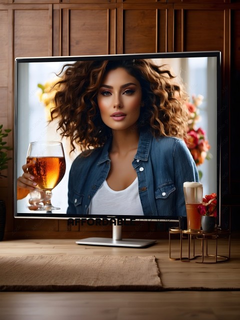 A woman on a television screen holding a glass of beer