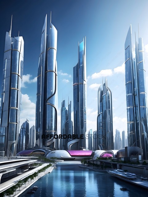 Futuristic Cityscape with Tall Skyscrapers and Pink Roofs