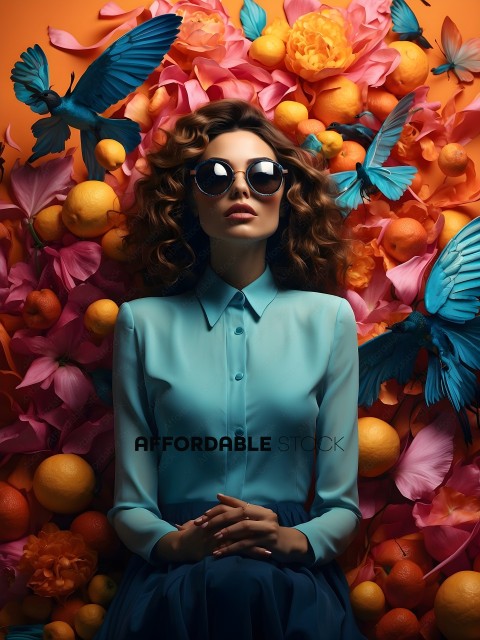 A woman in a blue shirt and sunglasses is surrounded by fruit