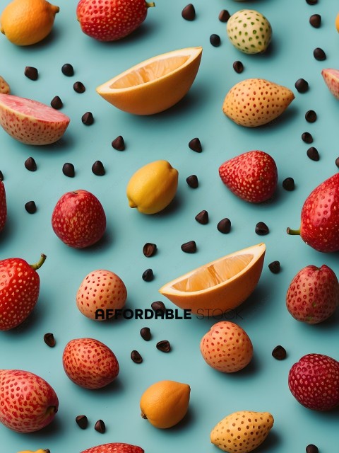 Fruits and berries on a blue background