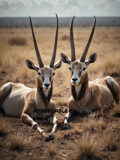 Two antelope with long horns sitting in the dirt