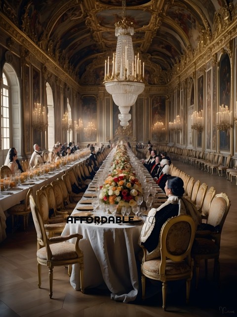 A long table with a large floral arrangement in the center