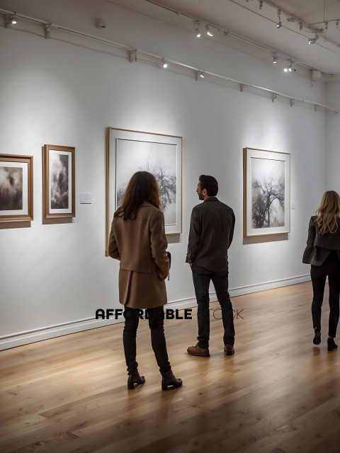 Three people looking at artwork in a museum